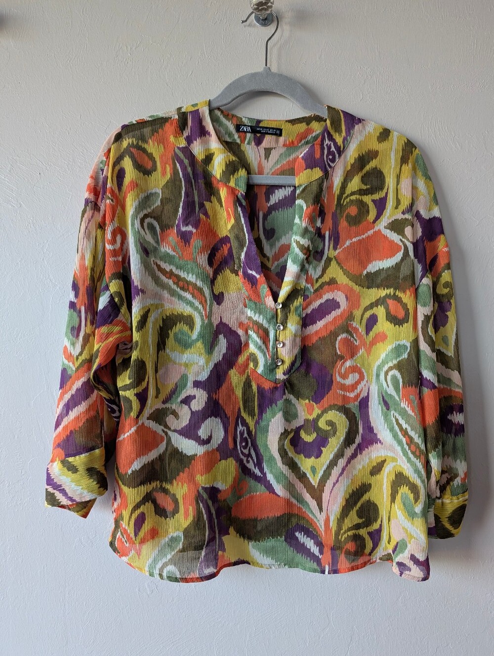 Zara Multicolor Abstract Paisley Ikat Print Chiffon Sheer Size XS Bold Cropped